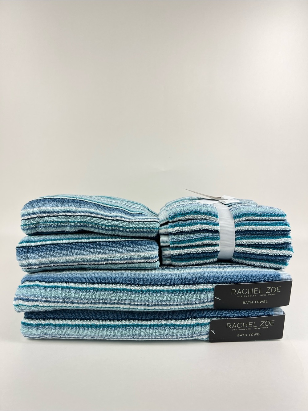 Rachel Zoe Bath Towel Set Blue Teal White Striped Soft Cotton 9 Pc NEW